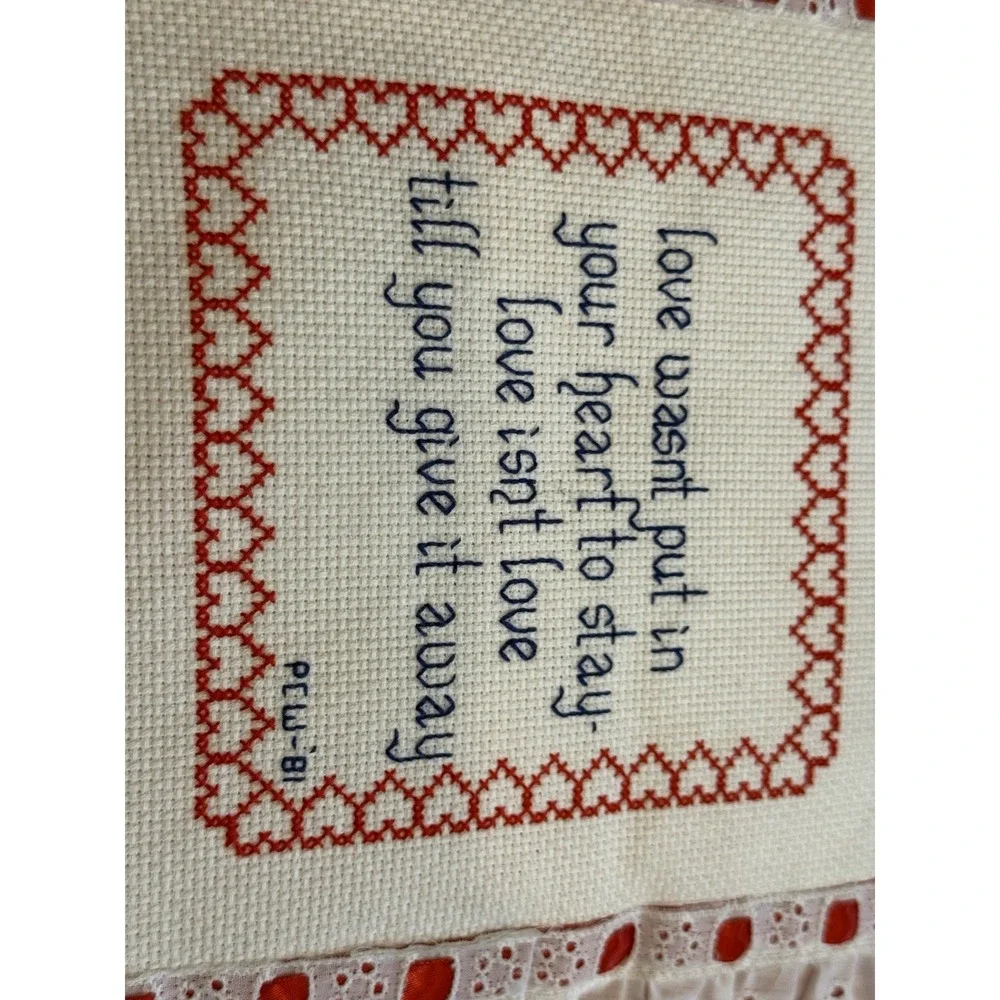 Vintage 1981 Cross Stitch Throw Pillow Red Gingham Ruffle Love Quote Accent